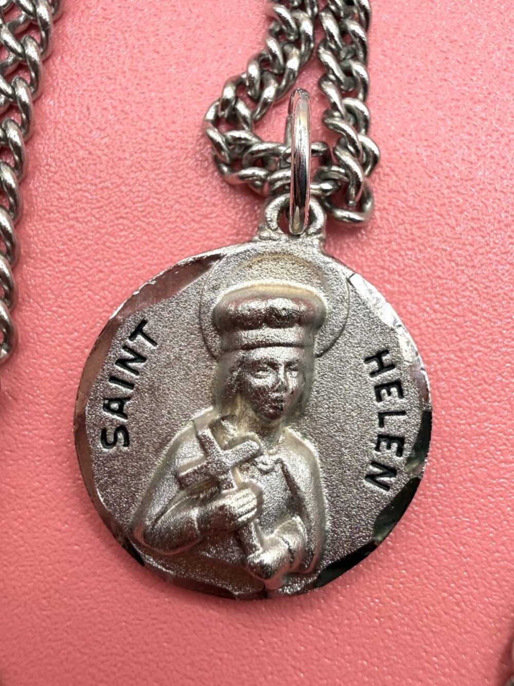 Vintage Saint St. Helen Catholic Religious Medal Pendant Necklace Steel Chain